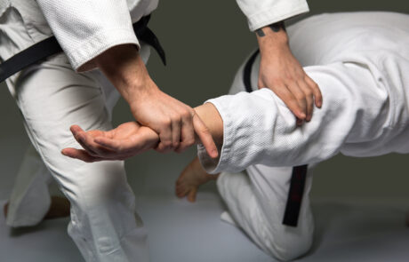 Two caucasian men are practicing aikido on the tatami